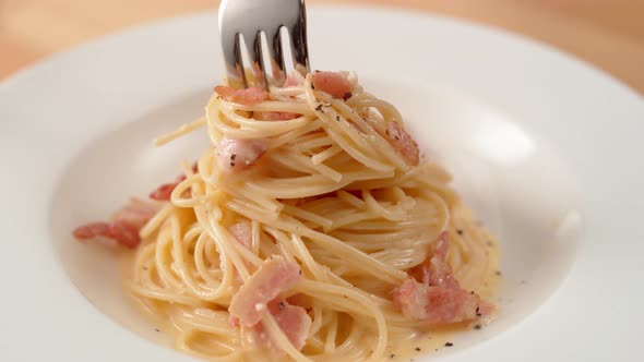 Camera follows scooping carbonara pasta from plate. Slow Motion. alt