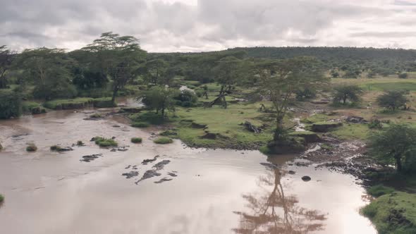 Aerial drone view of Kenyan river landscape in Laikipia, Kenya