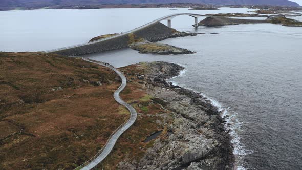 Aerial View Of Coastal Walk Near Storseisundet Bridge In Atlanterhavsveien, Averoy, Norway.