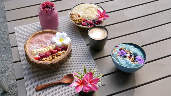 Healthy Breakfast Smoothie Bowls of Healthy Organic Vegetarian Fresh Superfood