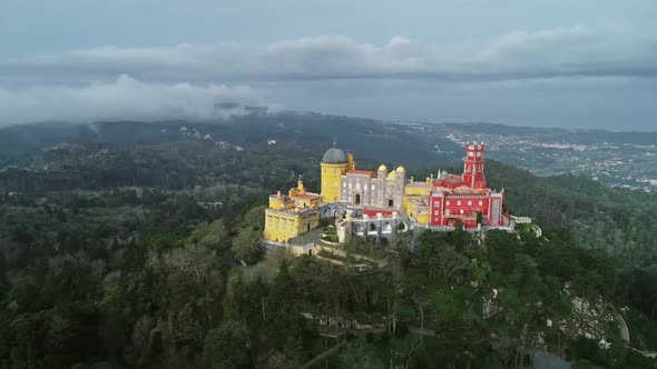 Aerial Around View of Pena Palace in Sintra