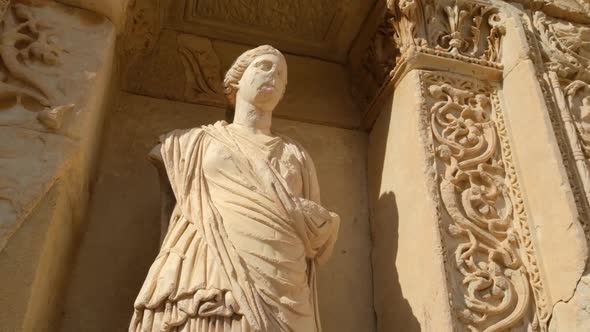 Ancient Statue at the Facade of the Library of Celsus in Ephesus Turkey