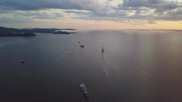 Aerial View of the Frigate Under Sail in the Sea