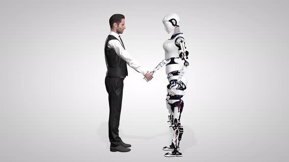 Businessman Shaking Hands with a Woman Robot with Artificial Intelligence