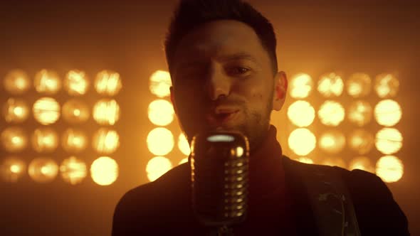 Singer Man Performing Song in Nightclub Close Up