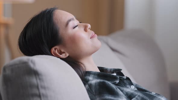 Side View Close Up Asian Calm Woman Relaxed Korean Lady in Checkered Casual Shirt Close Eyes Resting