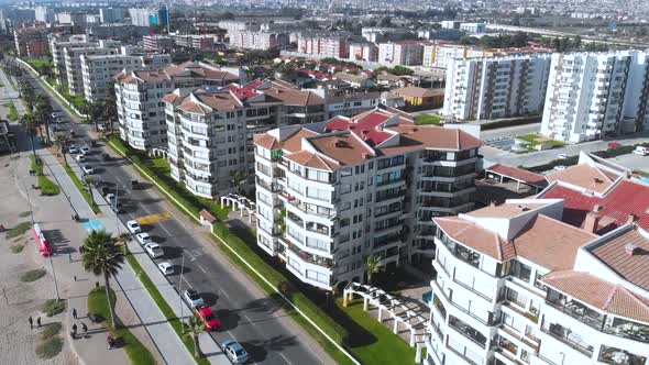 Road, First line buildings (La Serena, Chile) aerial view, drone footage