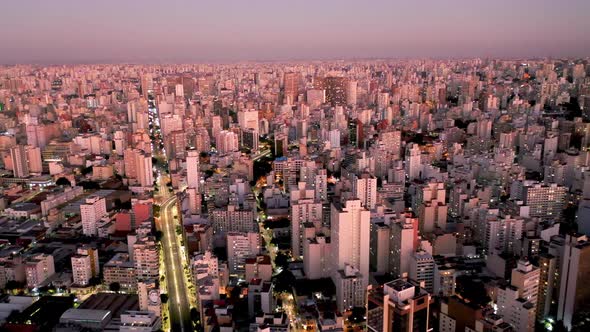 Sunset Sao Paulo Brazil. Panoramic landscape of downtown city building