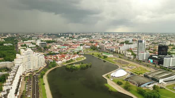 Panoramic View of the Historical Center of Minsk Before a Thunderstorm