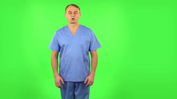 Medical Man Is Upset and Tired, Sighs, Green Screen