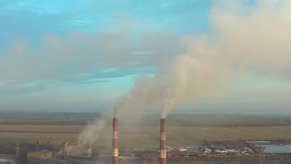 Aerial View. Emission To Atmosphere From Industrial Pipes