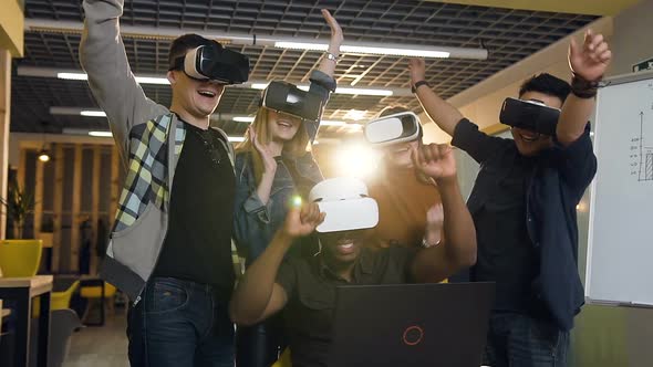 People in VR Virtual Reality Glasses Celebrating Successful Deal with Clients