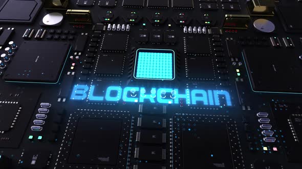 blockchain header on the background of a chip with many processes. 