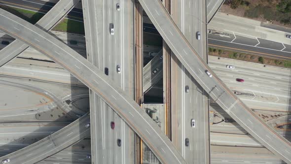 AERIAL: Spectacular Overhead Follow Shot of Judge Pregerson Highway Showing Multiple Roads, Bridges