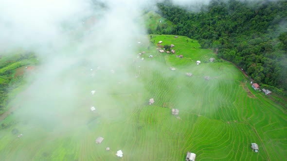 An aerial view over the beautiful rice terraces