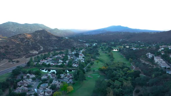 Aerial drone view of San Vicente Golf Course in Ramona California during sunrise