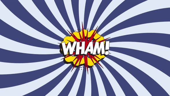 Word 'WHAM!' in retro comic speech bubble with halftone dotted shadow on an animated blue background alt