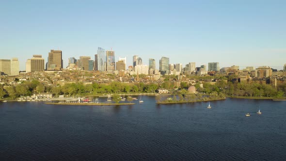 Boston's Back Bay Neighborhood and Charles River, Aerial Sliding Shot