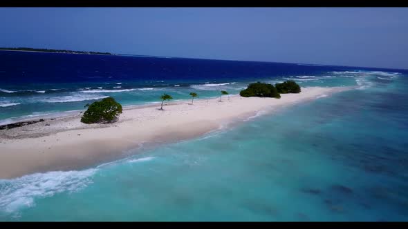 Aerial travel of paradise shore beach holiday by blue sea with white sandy background of a dayout ne