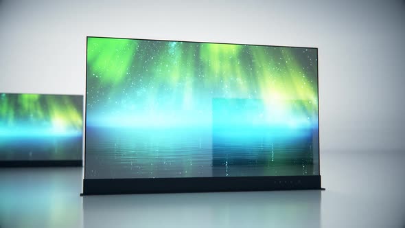 Flat Screen translucent TV. Future technology see-through display. Modern design