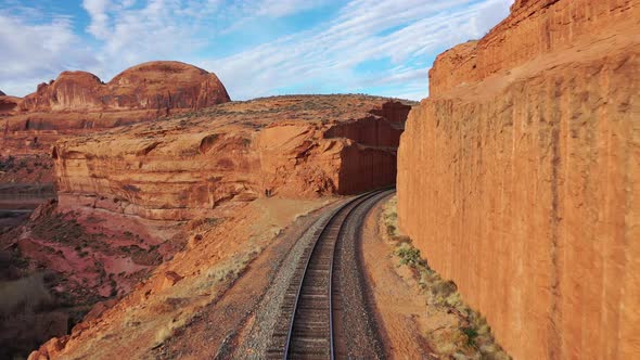 Aeriel top view empty straight single-way railways at summer sunny day in red rock canyon in Las Veg