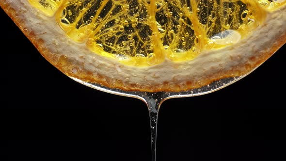 Macro Texture Shot of Honey Dripping Down a Fresh Lemon Slice on White. Freshness, Citrus and Flu