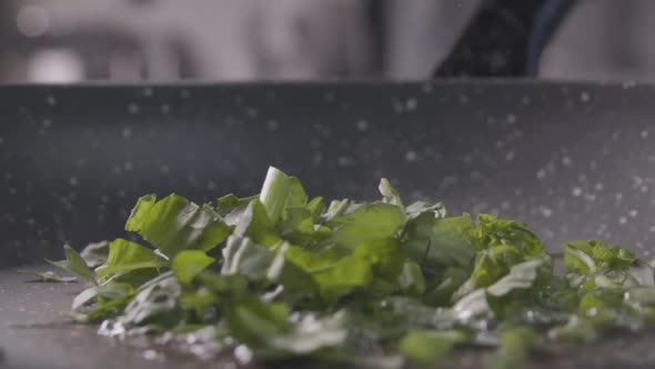 Greenery and Scrambled Egg Falling Into the Frying Pan. Slow Motion