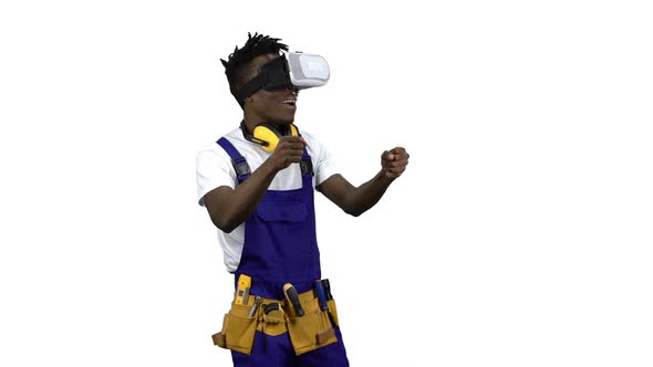 Engineer African American with Virtual Reality Glasses Looks at the Building . Alpha Channel