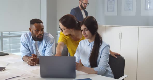 Group of Young Business People Working and Communicating While Sitting at Office Desk Together