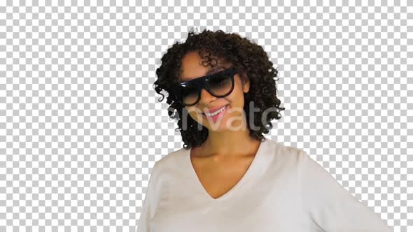 Cheerful young woman putting on sunglasses, Alpha Channel