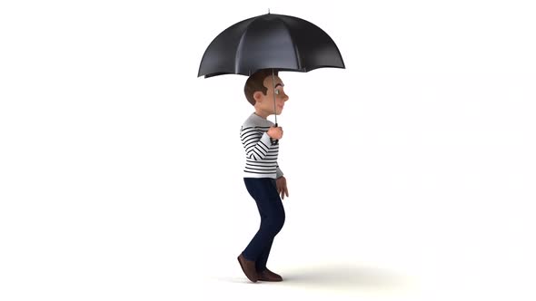 Fun 3D cartoon man walking with an umbrella