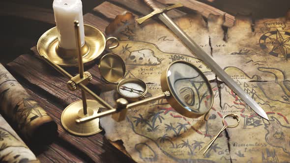 Treasure map with treasure spot marked by x sign seen through a magnifying glass