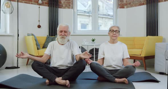 Couple in Sportswear which Meditating on Mats with Closed Eyes while Doing Yoga Exercises at home