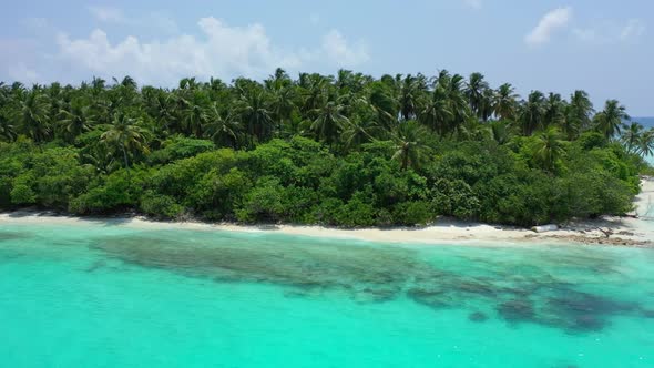 Aerial drone landscape of luxury lagoon beach time by blue green ocean and white sandy background of