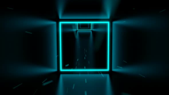 Fast Flying Through 3D Cyan Cube Neon Tunnel alt