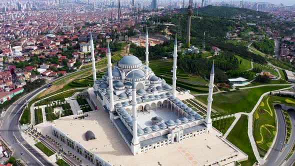 Aerial Drone View of Istanbul Camlica Mosque and Bosphorus