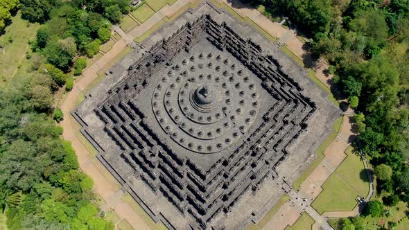 Majestic Borobudur Buddhist Temple on Java, Indonesia, aerial view