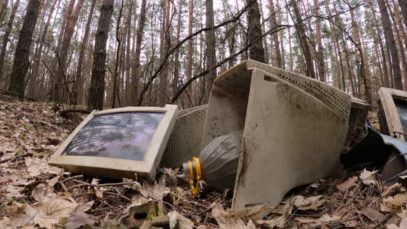 Old Computer in a Junkyard in the Forest Slow Motion