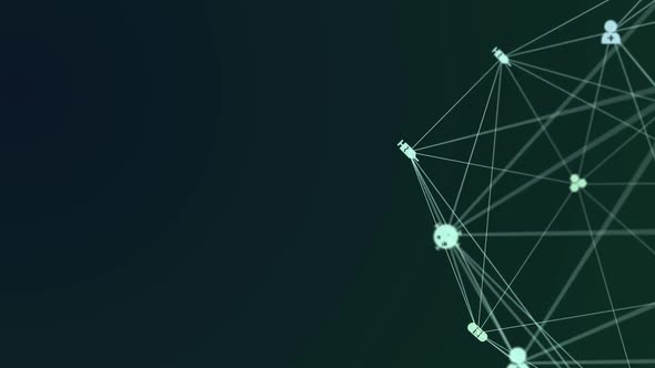 Animation of digital interface and globe of network of connections with white icons turning on green