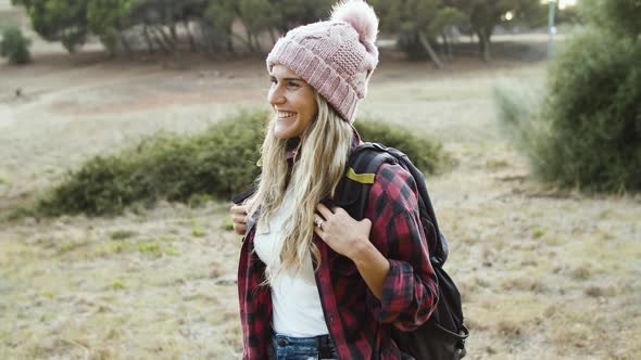 Happy Camping Girl Wearing Woolen Hat