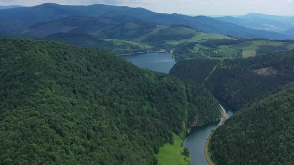 Aerial view of the Palcmanska masa water reservoir in the village of Dedinky in Slovakia