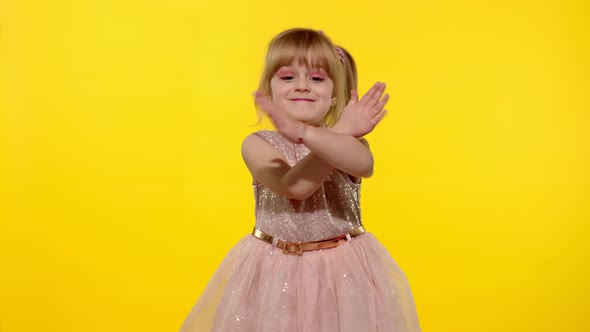 Kid Girl Looking Camera Crossed Hands Showing Stop Gesture Yellow Background