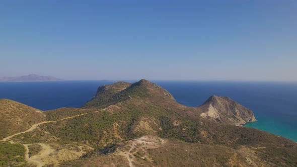 Aerial view approaching mountain peninsula, Kos, Greece