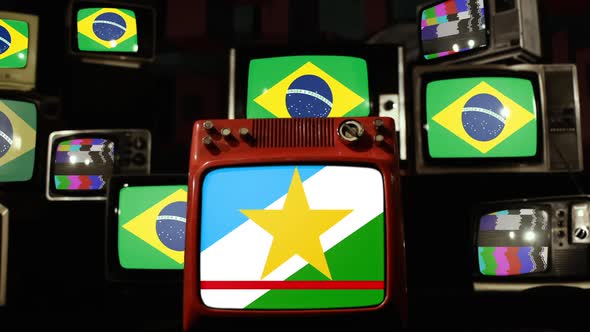 Flag of Roraima and Brazil Flags on Retro TVs.