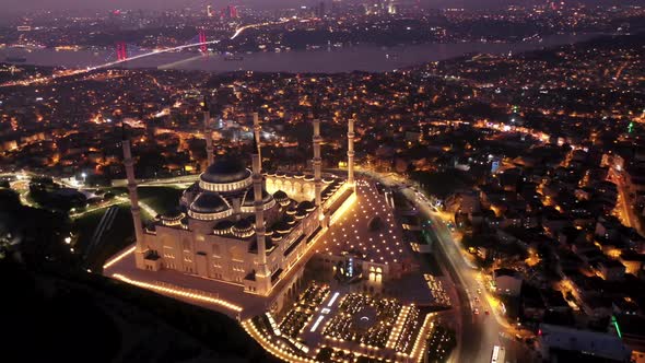 Aerial Drone View of Istanbul Camlica Mosque and Bosphorus. Biggest Mosque in Europa 01