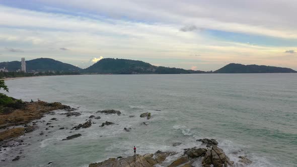 Aerial View Patong City And Quite Beach In Dark Sunset