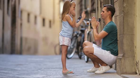 Family in Europe. Happy Father and Little Adorable Girl in Rome During Summer Italian Vacation