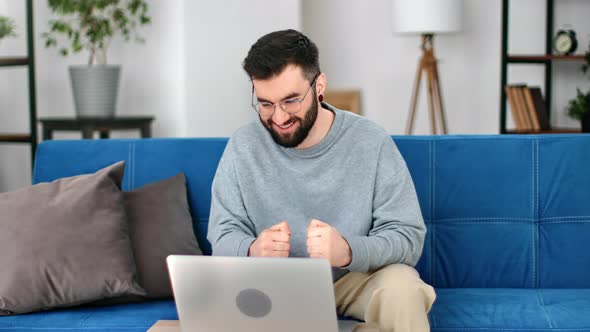 Modern Guy Having Good News Received Online Email Career Opportunity Successful Deal Use Laptop