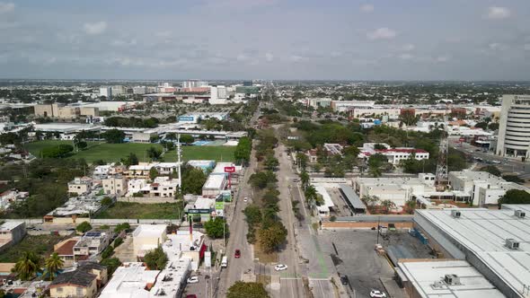 Aerial view of avenue in Merida Yucatan with railroad in the middle