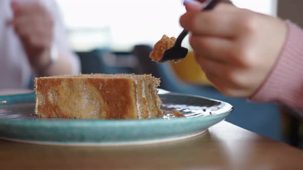 Woman Sits in Cafe Holds Cake on Fork Gestures with Her Hands Tells Something